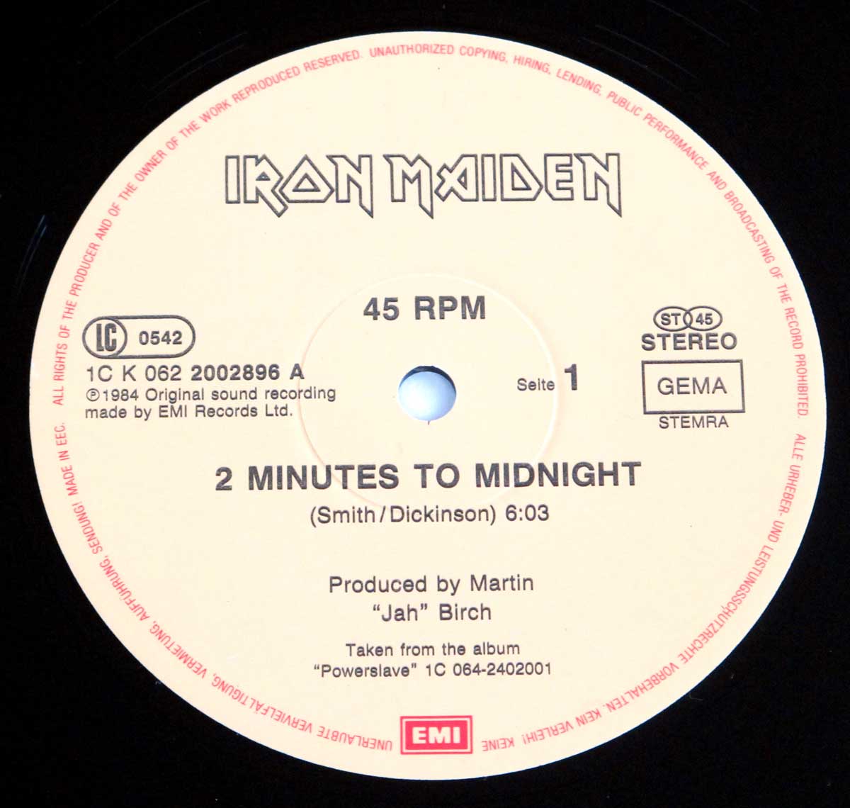 Close-up Photo of "IRON MAIDEN - 2 Minutes 2 Midnight" Record Label 