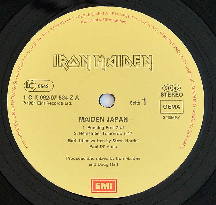 Close up of record's label IRON MAIDEN Maiden Japan German Release 12" MAXI-EP ALBUM VINYL Side One