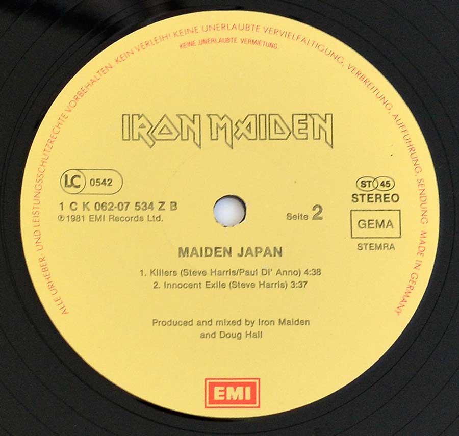 Close up of record's label IRON MAIDEN Maiden Japan German Release 12" MAXI-EP ALBUM VINYL Side Two