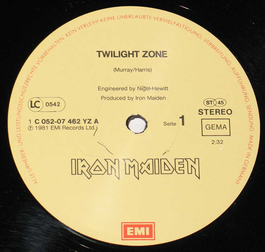 Close up of record's label IRON MAIDEN - Twilight Zone / Wrathchild 12" Maxi-Single Side One