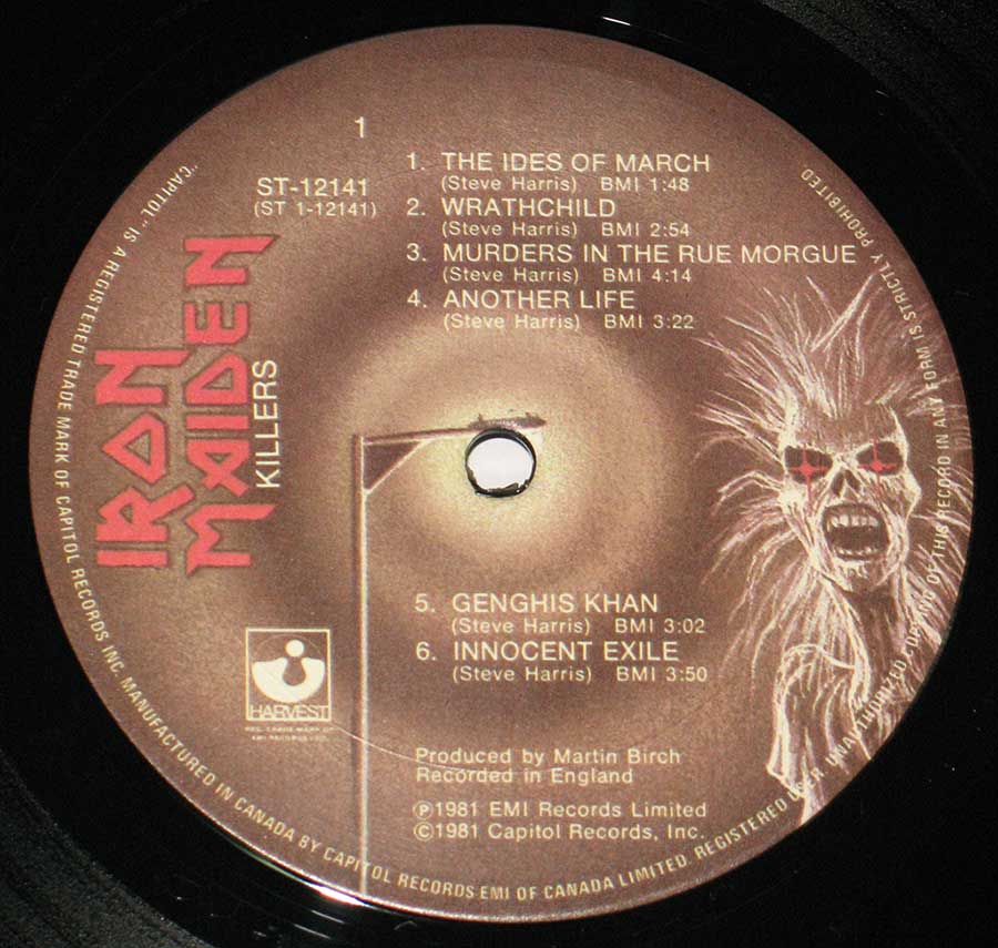IRON MAIDEN - Killers Canada 12" Vinyl LP Album enlarged record label