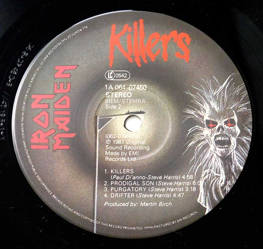Close up of record's label IRON MAIDEN - Killers ( EU Release ) 12" Vinyl LP Album Side One