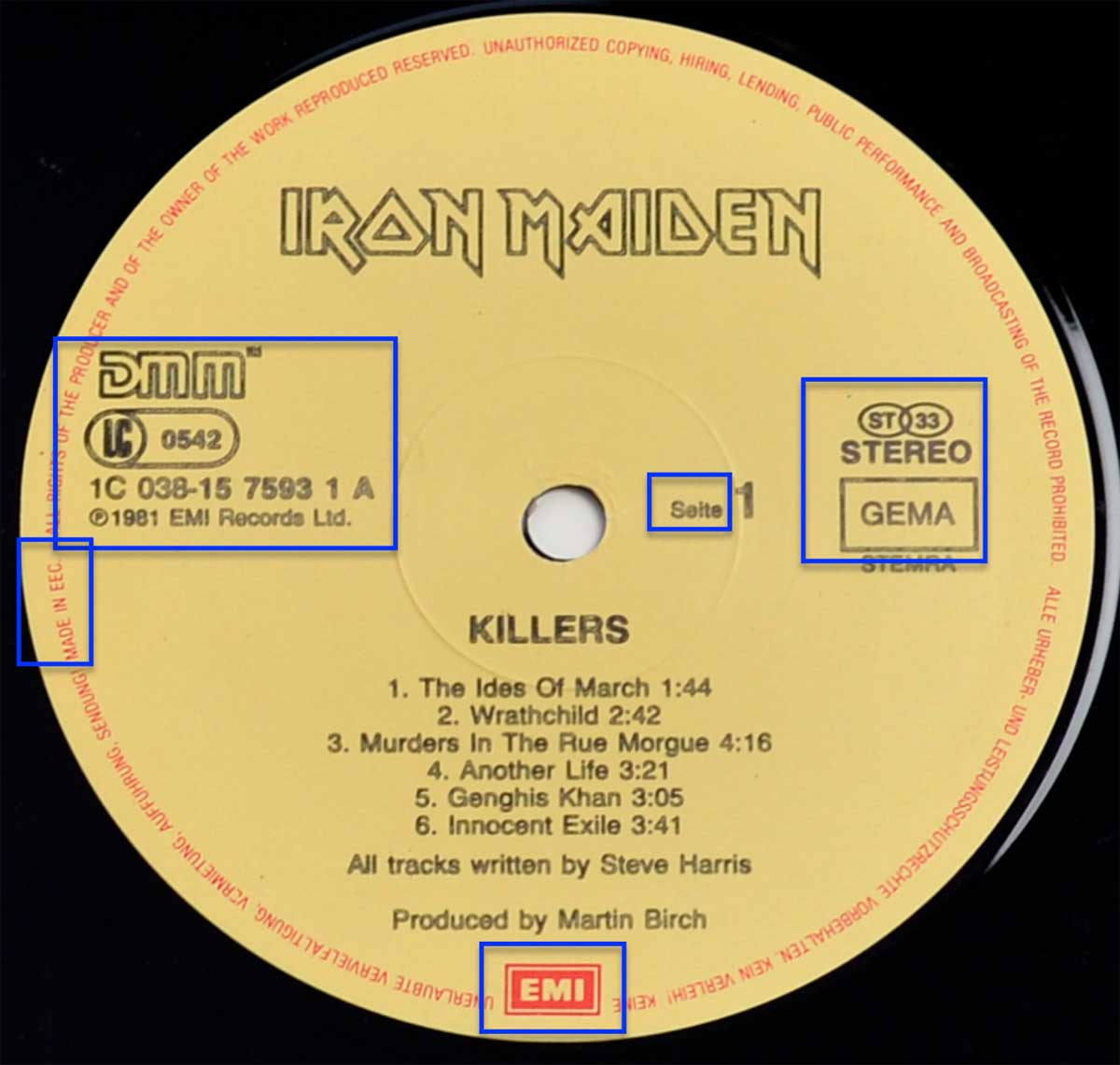 Photo of record label of IRON MAIDEN - Killers Fame Germany 