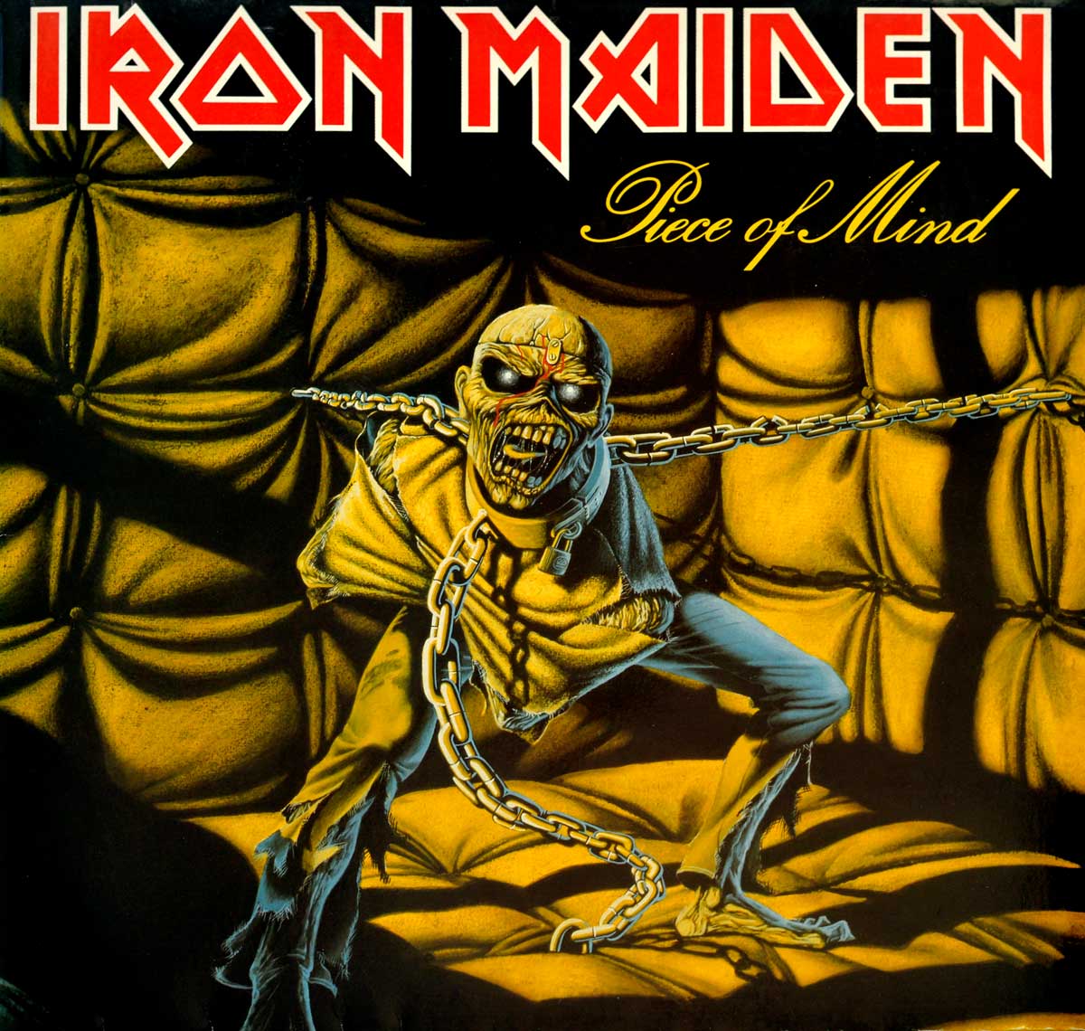 Front Cover Photo Of IRON MAIDEN - Piece Of Mind Europe Blue Rim-Text Gatefold Cover 