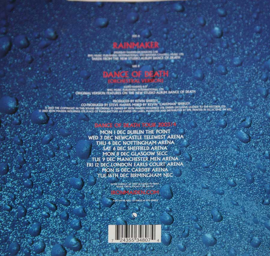 IRON MAIDEN Rainmaker / Dance of Death Blue 7" Vinyl Single Picture Sleeve album back cover