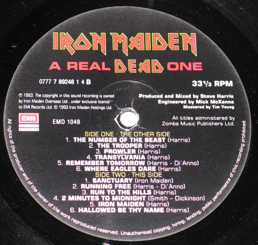 Close up of Side Two  IRON MAIDEN - A Real Dead One 