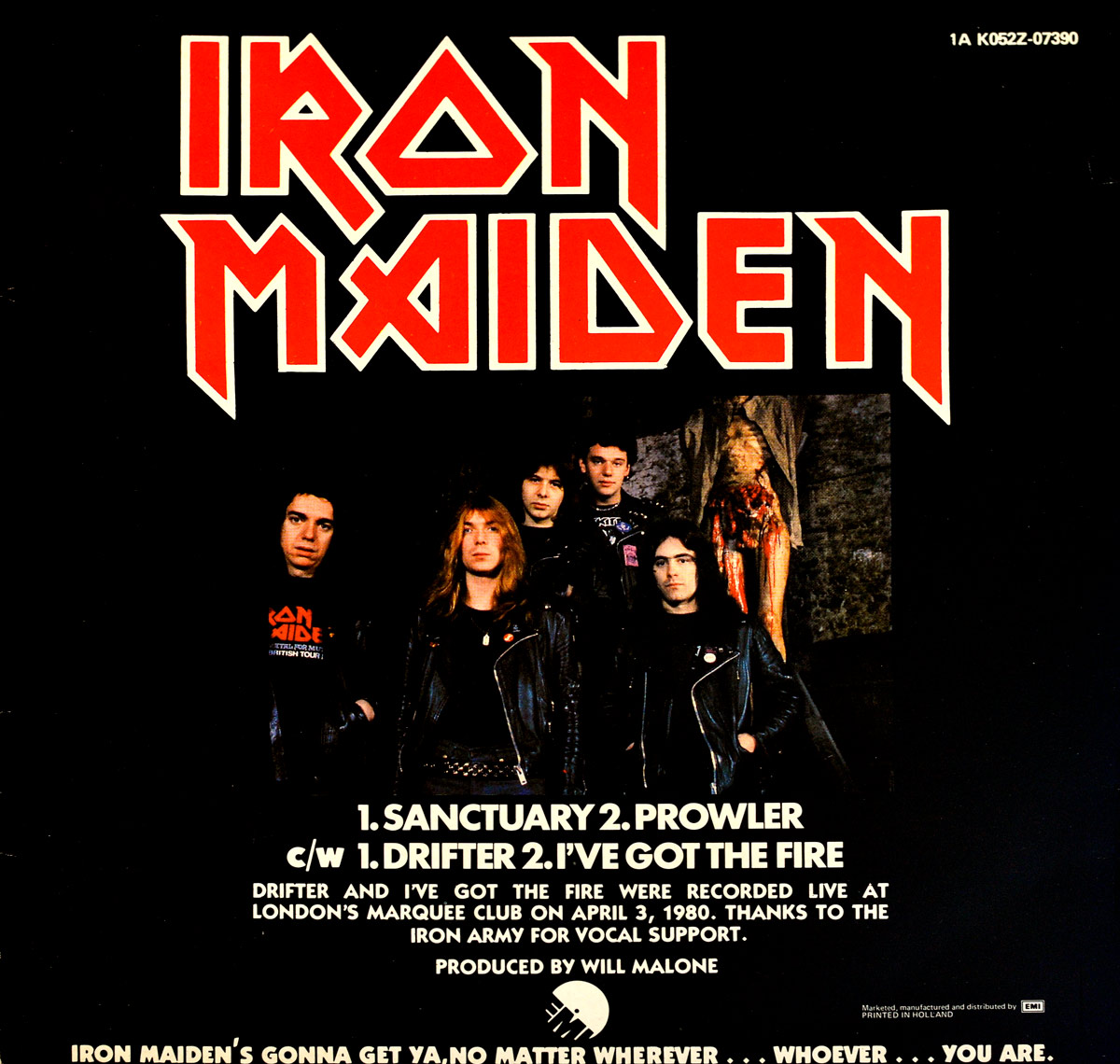Iron Maiden Sanctuary EP Netherlands back cover with large red band logo at top, five band members in leather jackets centered below, track listing text in white beneath, small EMI logo and printed in Holland credit at lower right, catalogue number 1A K052Z-07390 top right, black background with slight surface wear visible