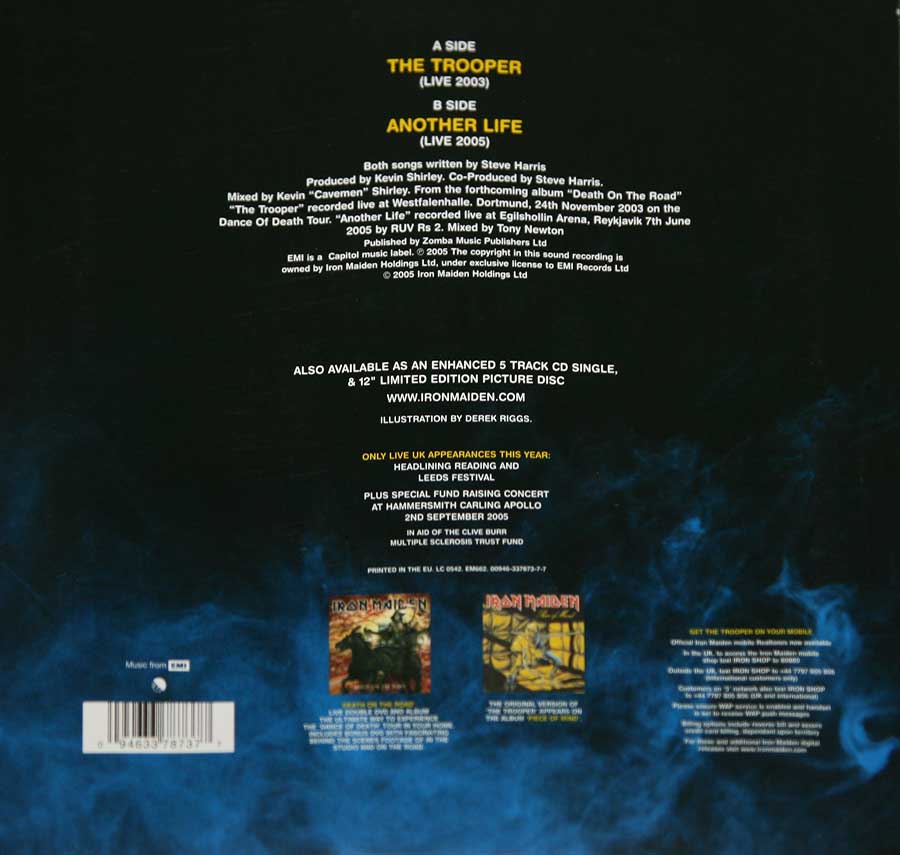 IRON MAIDEN The Trooper / Another Life Blue Vinyl + Poster 7" Vinyl Picture Sleeve
 back cover