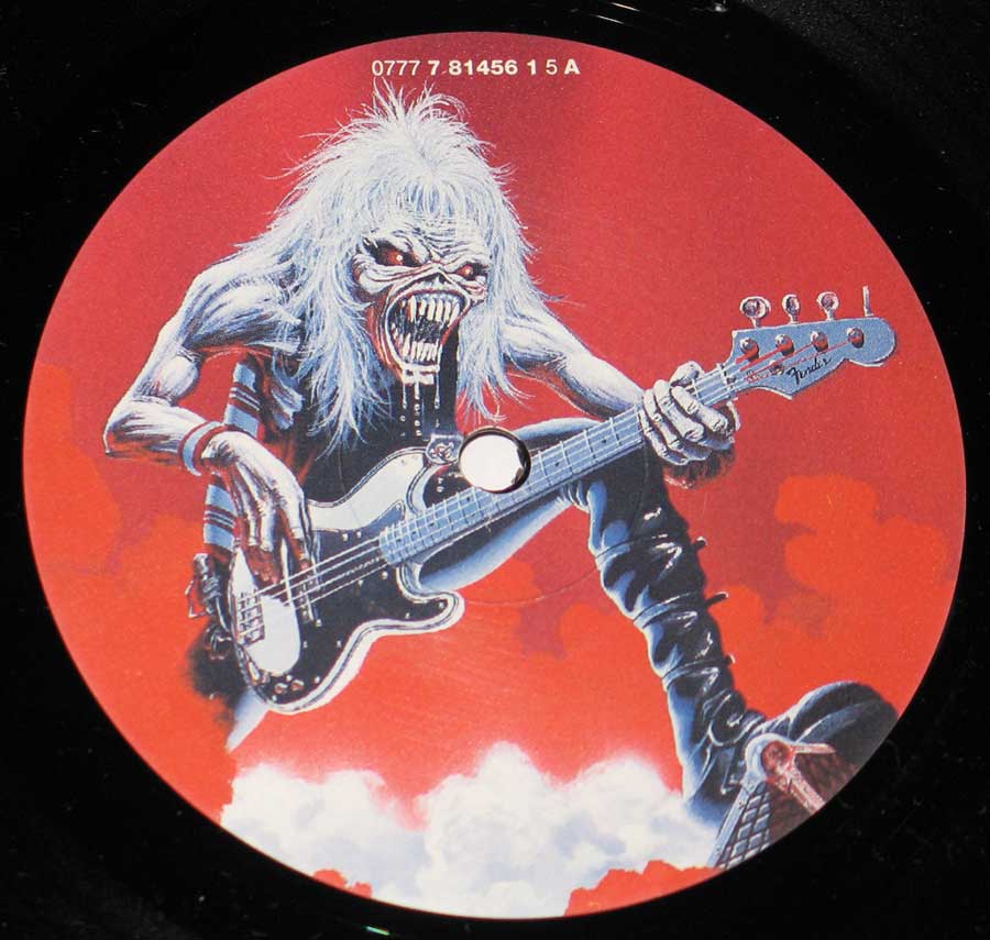 Close up of record's label IRON MAIDEN - A Real Live One Bruce Dickinson 12" Vinyl LP Album Side One