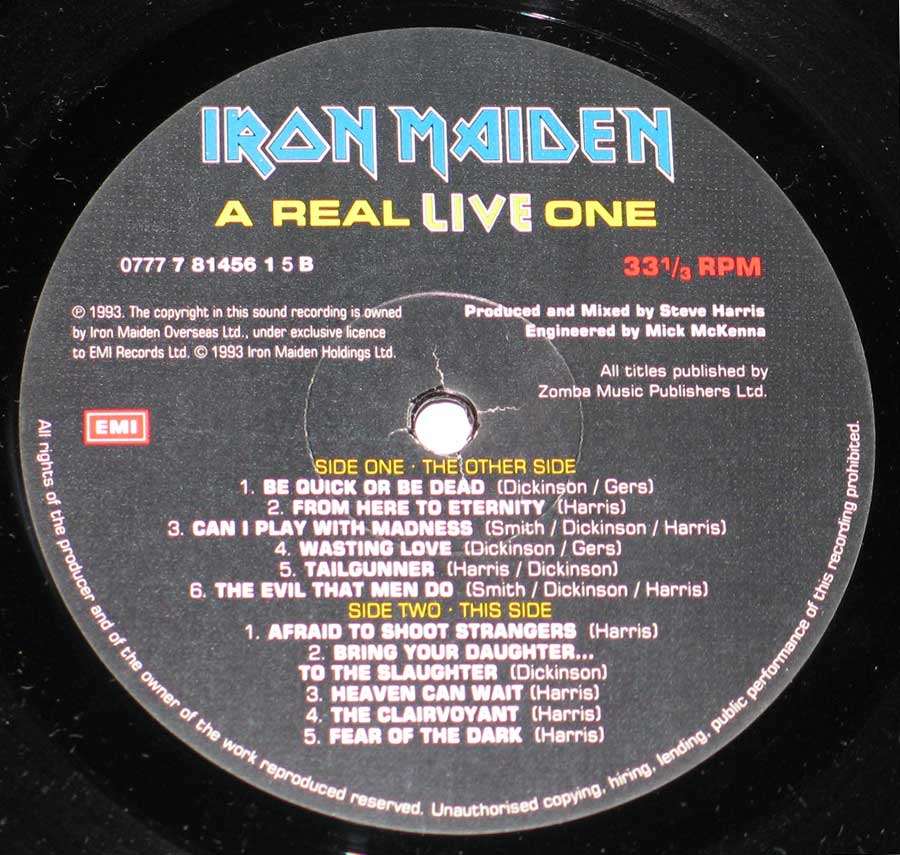 Close up of record's label IRON MAIDEN - A Real Live One Bruce Dickinson 12" Vinyl LP Album Side Two