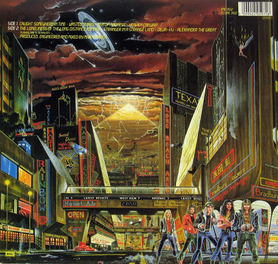 Photo of album back cover IRON MAIDEN - Somewhere in Time UK Release 12" Vinyl LP ALbum
