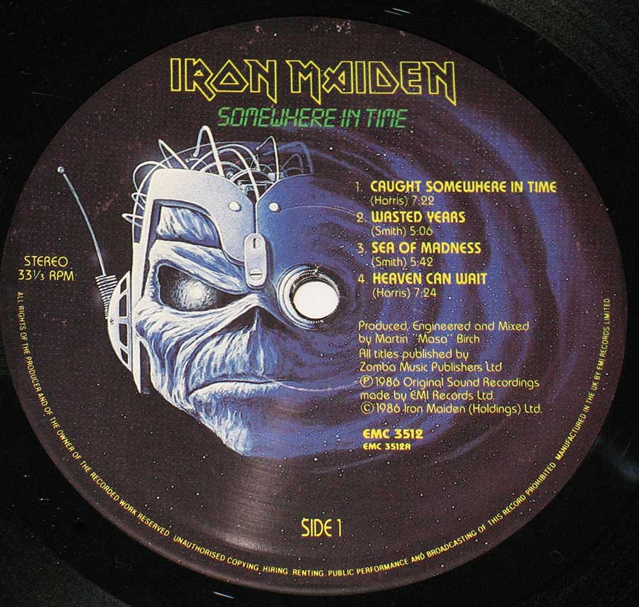 Close up of record's label IRON MAIDEN - Somewhere in Time UK Release 12" Vinyl LP ALbum Side One