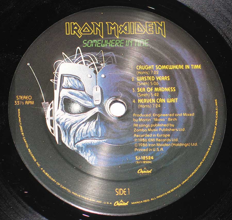 Close up of record's label IRON MAIDEN - Somewhere in Time USA 12" Vinyl LP Album Side One