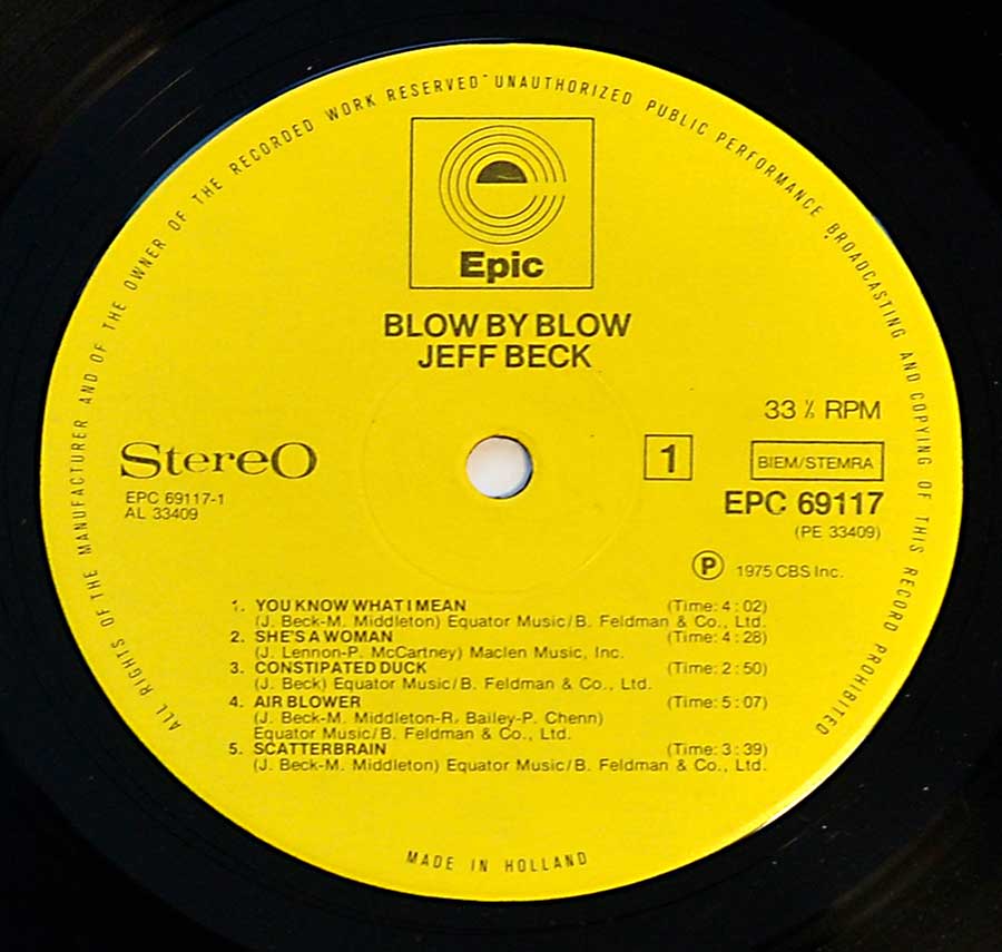 Close up of record's label JEFF BECK - Blow By Blow 12" LP Album Vinyl Side One