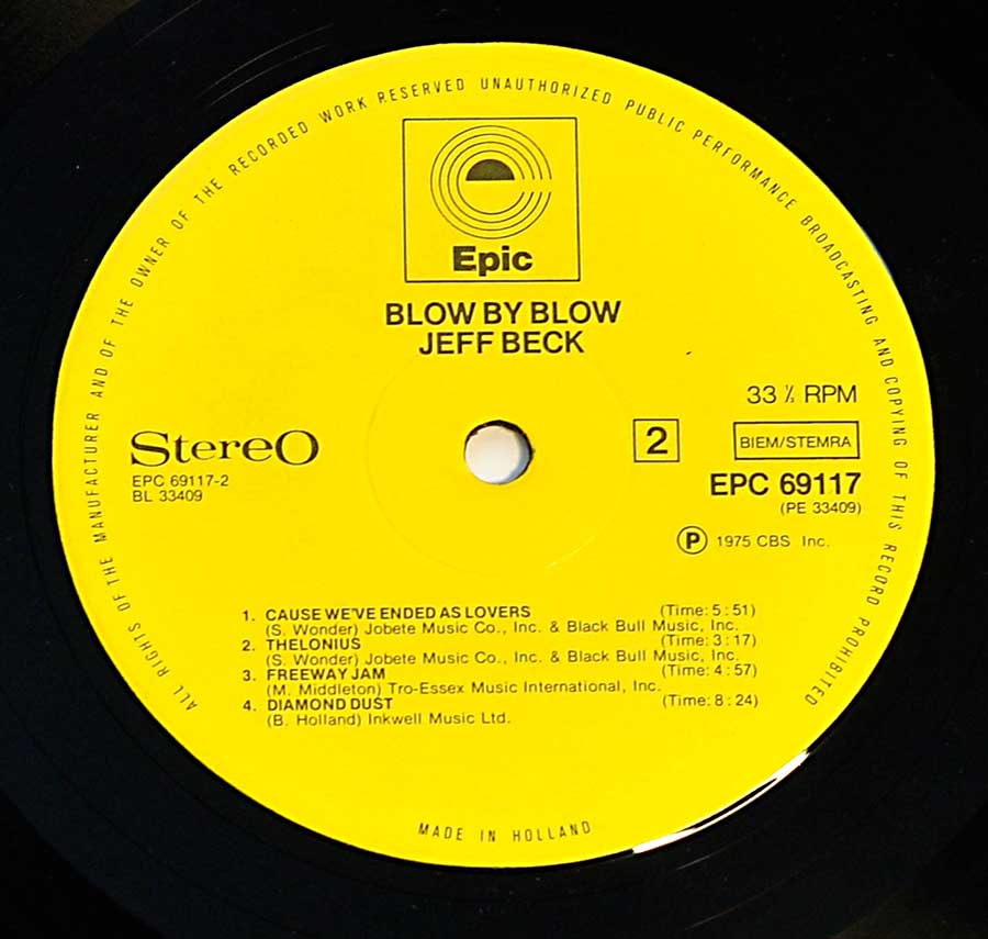 Close up of record's label JEFF BECK - Blow By Blow 12" LP Album Vinyl Side Two