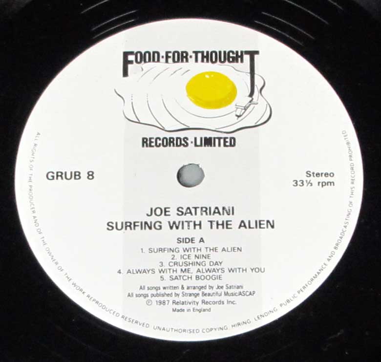 JOE SATRIANI Surfing With The Alien Orig UK 12" LP Vinyl Album enlarged record label