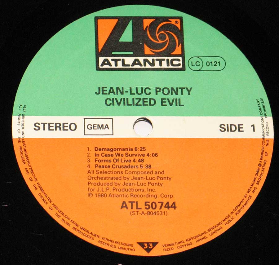 Close up of record's label JEAN-LUC PONTY - Civilized Evil Promo Copy 12" Vinyl LP Album Side One