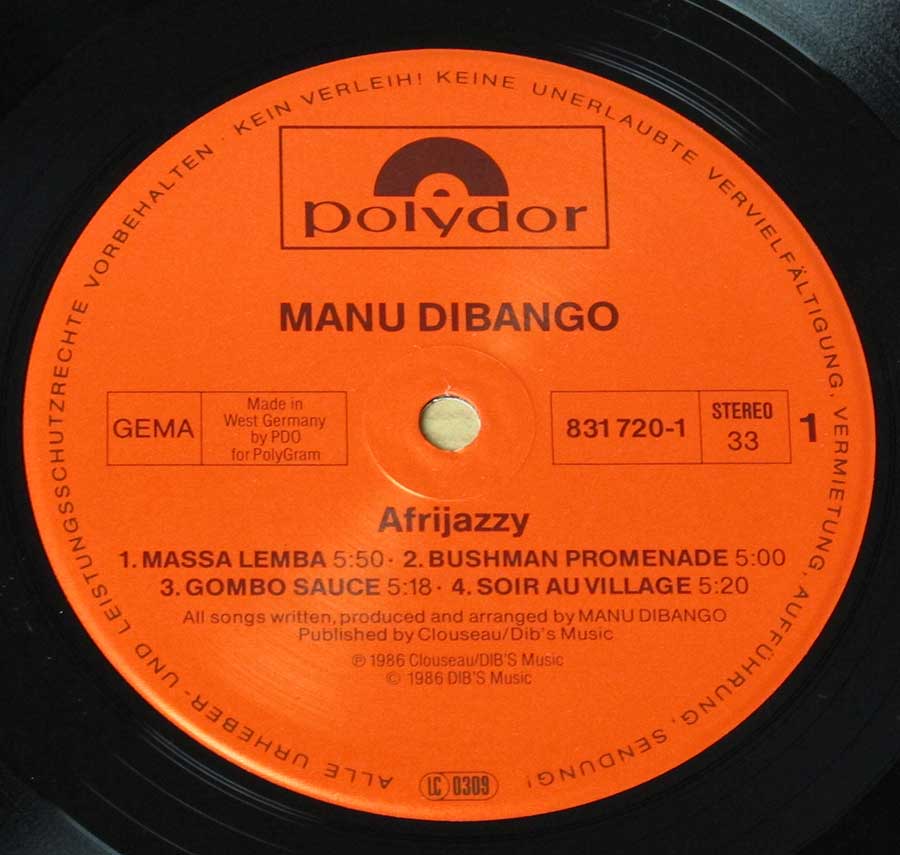 Close-up of Polydor record label of   "Manu Dibango Afrijazzy"