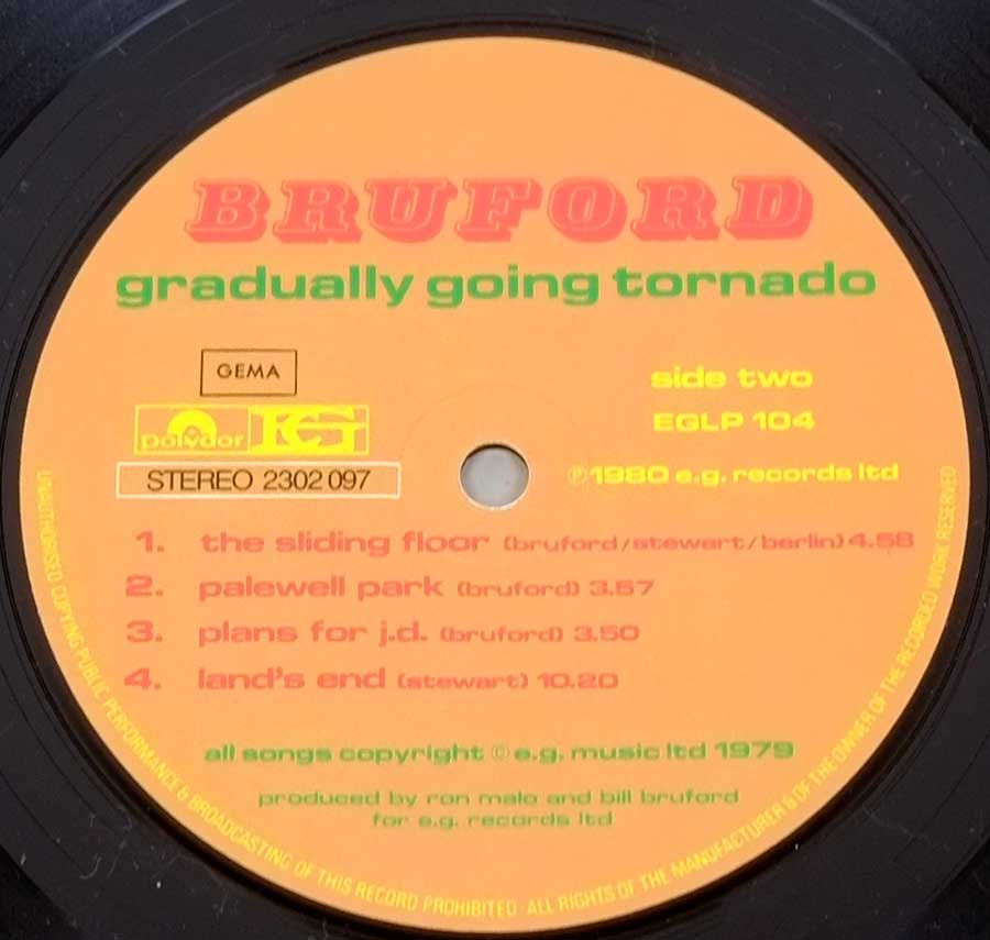 Close up of record's label BRUFORD - Gradually Going Tornado 12" LP Album Vinyl Side Two