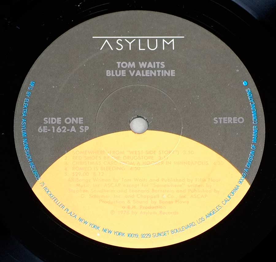 "BLUE VALENTINE by Tom Waits" Black and Yellow Colour Asylum Record Label Details: Asylum 6E-162 