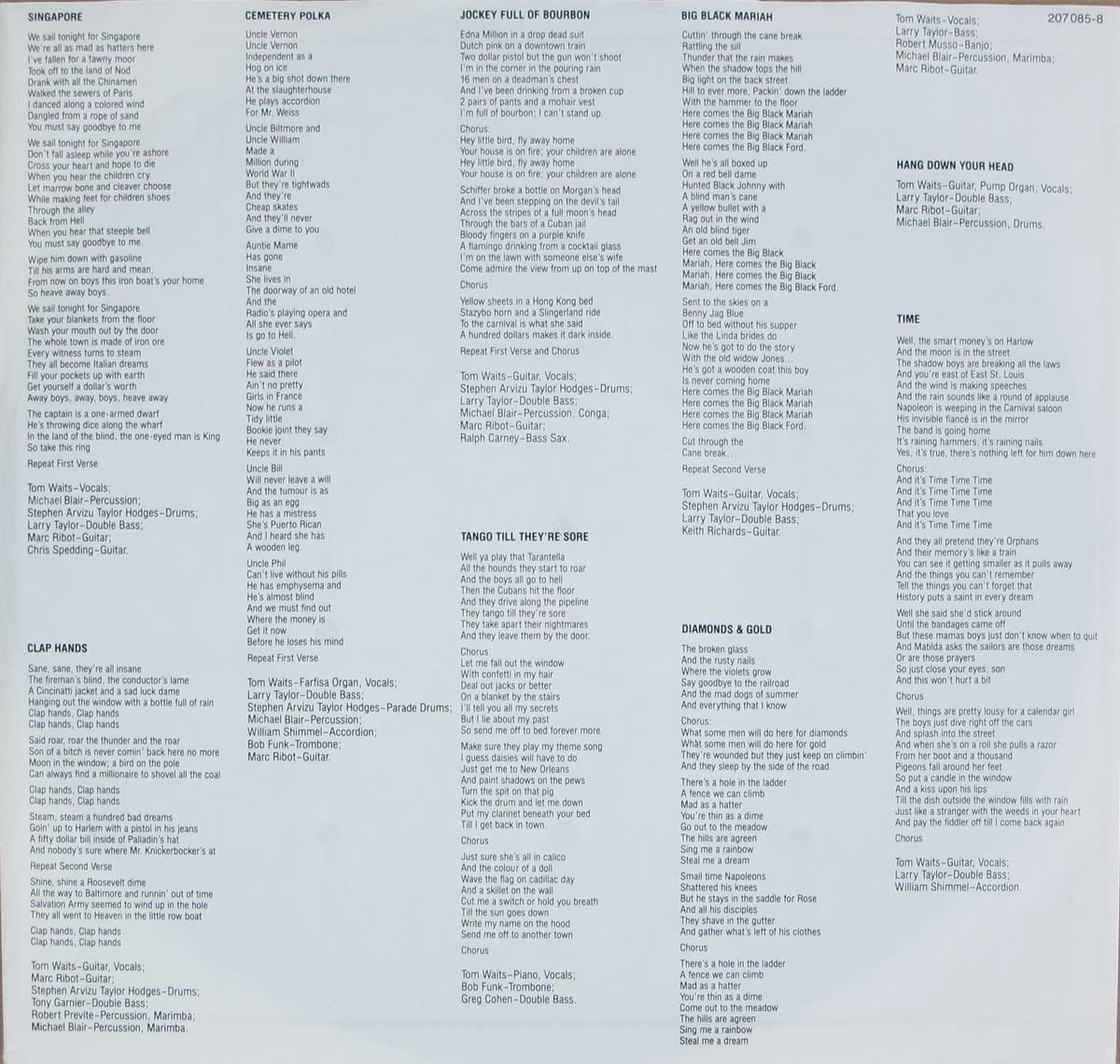 Inner Sleeve   of "TOM WAITS - Rain Dogs" Album