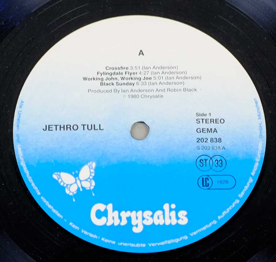 Side Two Close up of record's label JETHRO TULL - "A" 12" LP ALBUM VINYL