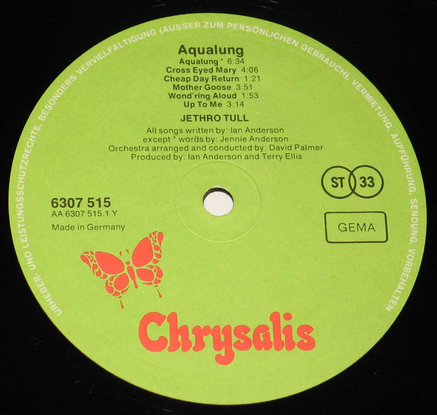 Close up of record's label JETHRO TULL Aqualung Chrysalis German Release Chrysalis 12" VINYL LP ALBUM Side One