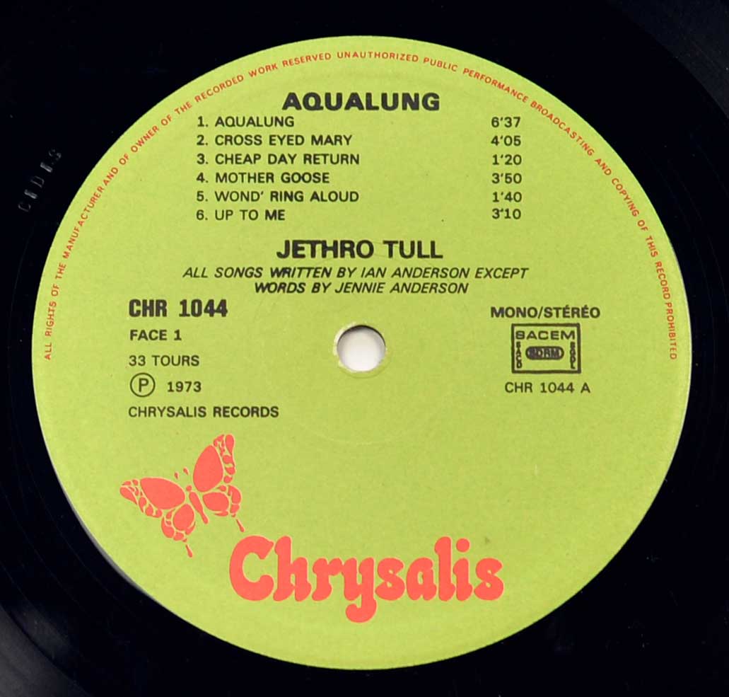 Close-up Photo of "JETHRO TULL - Aqualung France" Green Chrysalis Record Label - Side One: