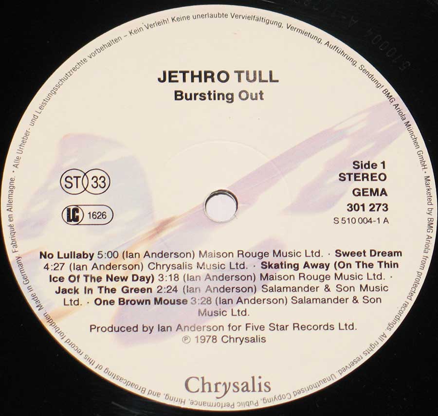 Close up of record's label JETHRO TULL - Bursting Out Live 2LP ( Germany ) 12" Vinyl LP Album Side One