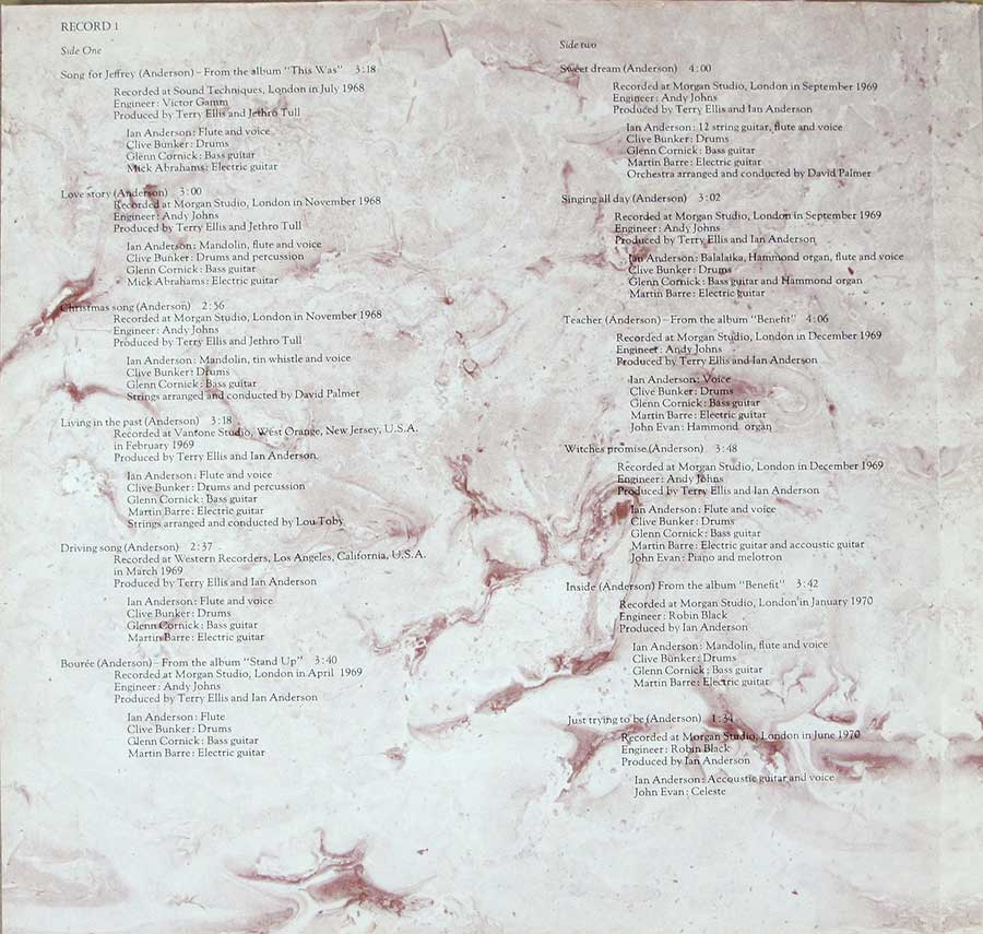 Photo One Of The Original Custom Inner Sleeve JETHRO TULL Living In The Past Germany Chrysalis Gatefold 12" 2LP Vinyl Album 
