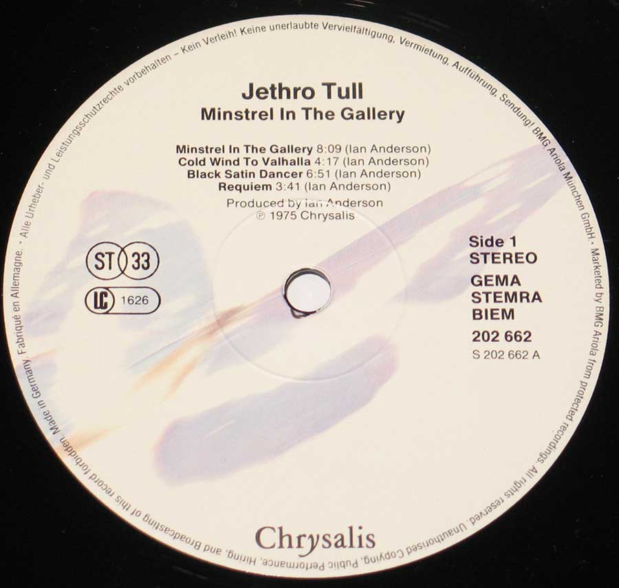 Close up of record's label JETHRO TULL - Minstrel in the Gallery 12" Vinyl LP Album Side One