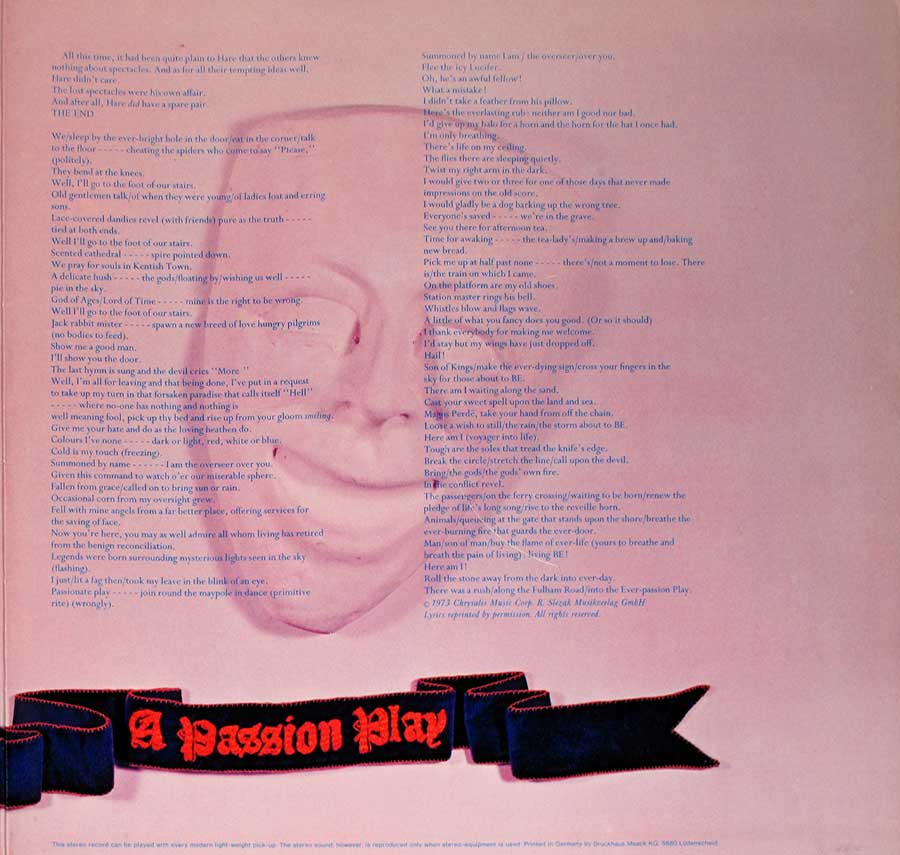 Photo of the right page inside cover JETHRO TULL - Passion Play Gatefold 12" LP Vinyl ALBUM 