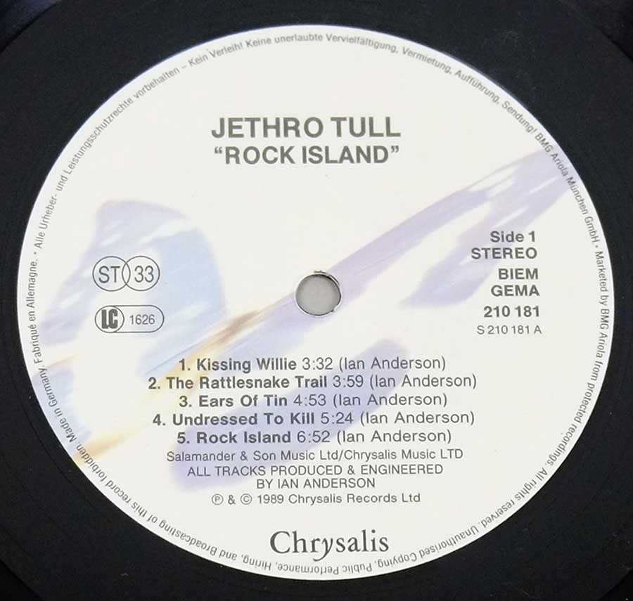 Close up of record's label JETHRO TULL - Rock Island 12" LP Vinyl Album  Side One