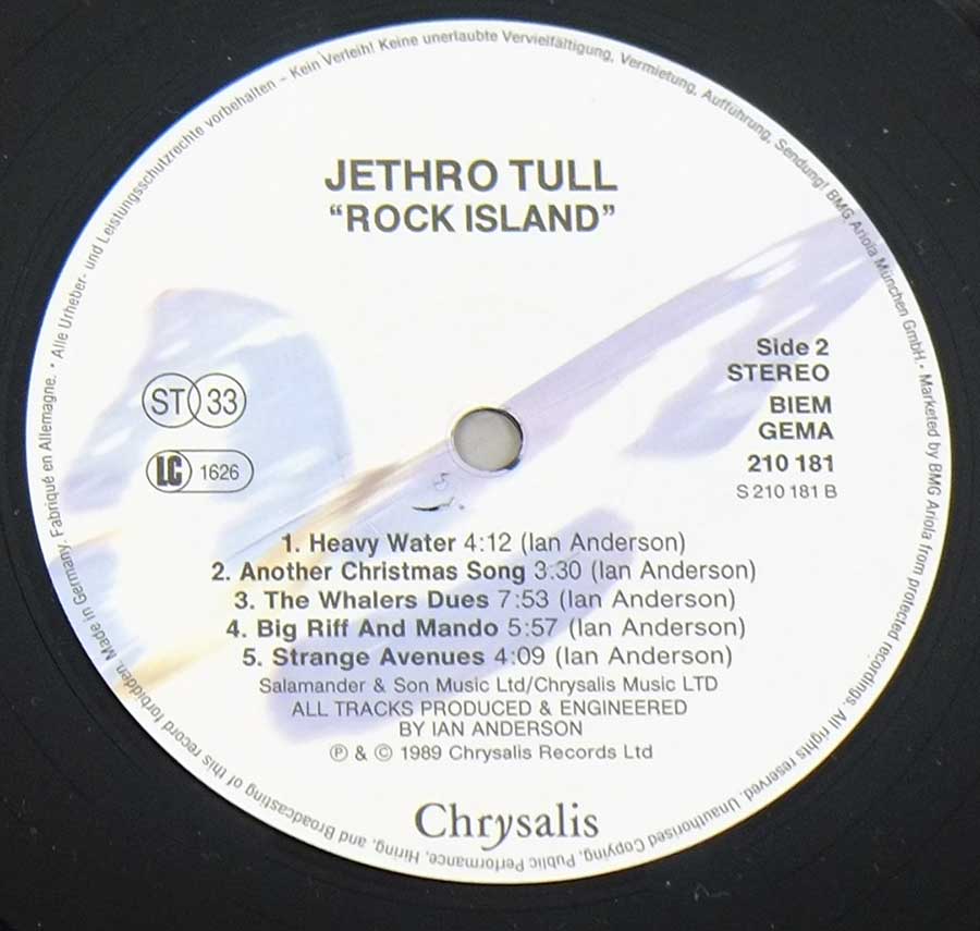 Close up of record's label JETHRO TULL - Rock Island 12" LP Vinyl Album  Side Two