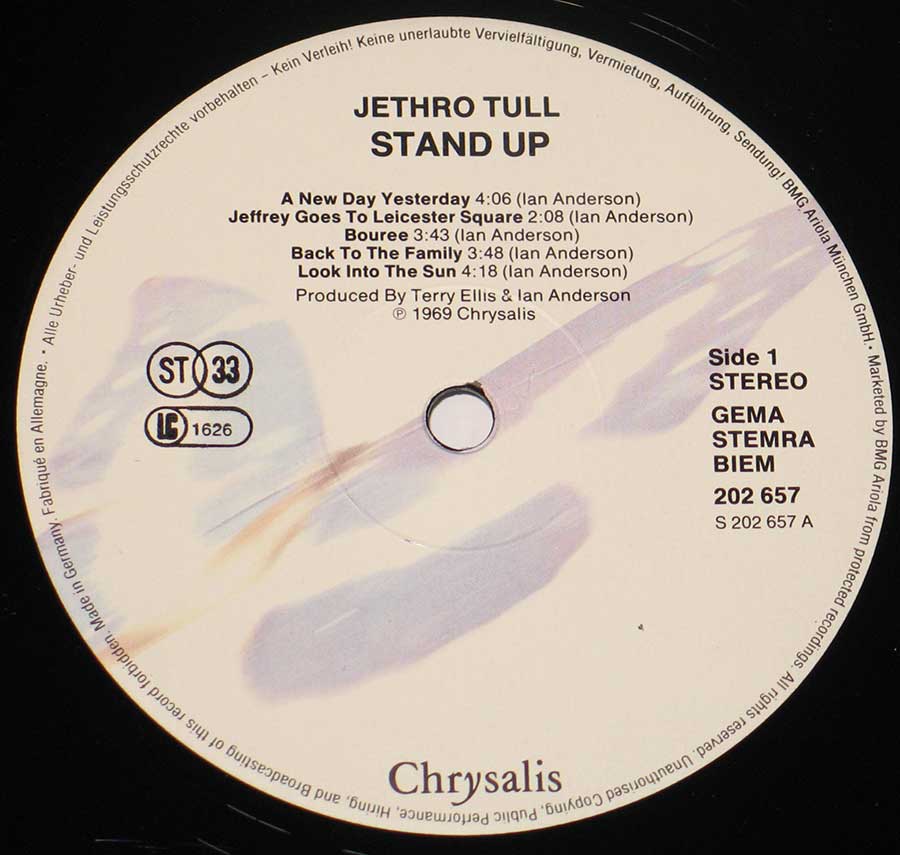 Close up of record's label JETHRO TULL - Stand Up Europe 12" Vinyl Lp Album Side One
