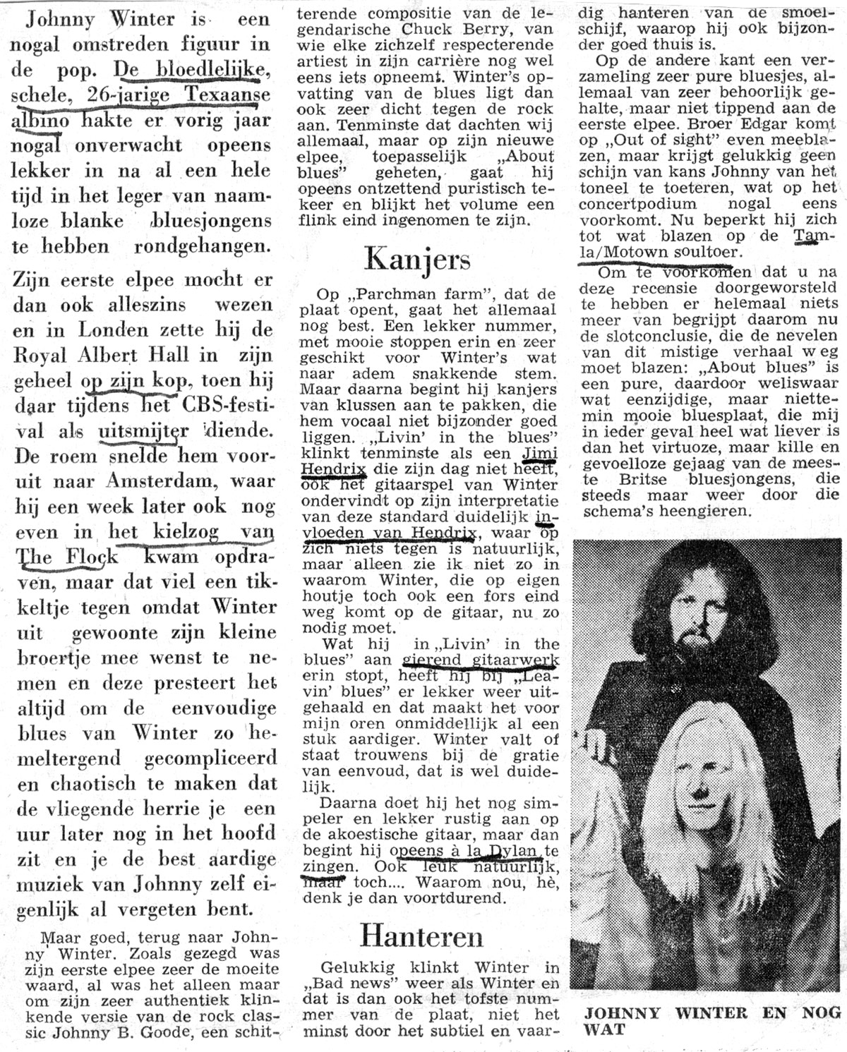 Dutch "Telegraaf" Newspaper Article on JOHNNY WINTER - About Blues 