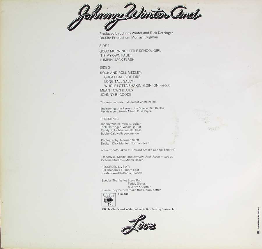 JOHNNY WINTER - And Live Gatefold Cover 12" LP VINYL ALBUM
 inner gatefold cover