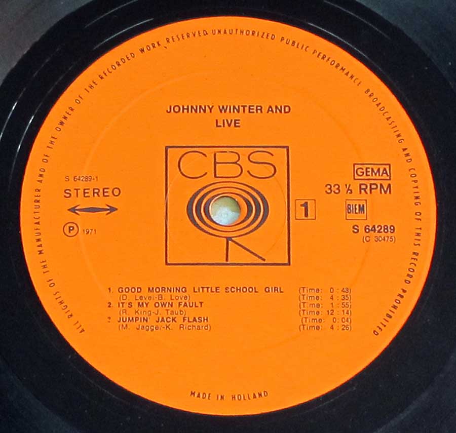 "AND LIVE" Record Label Details: Orange Colour with Walking Eye Logo around center hole S 64289, Made in Holland ℗ 1971 Sound Copyright 