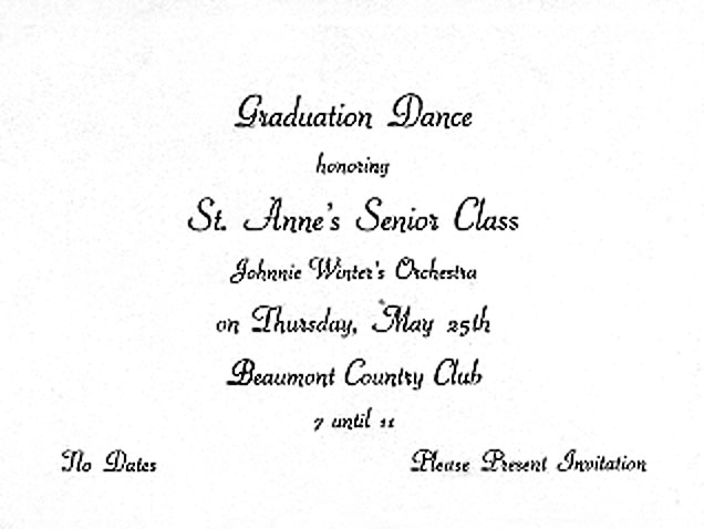 Photo of 25 May 1962 Johnny Winters Orchestra, Graduation Dance Honoring St Anne's Senioer Class, Beaumont Country Club 