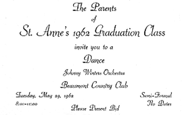 Photo of 29 May 1962 Johnny Winters Orchestra, The Parents of St Anne's 1962 Graduation Class, Invite you to a Dance, Beamont Country Club 