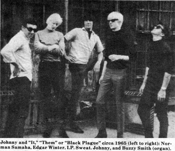 Photo of Johnny Winter and It, Them, or Black Plague around 1965 (left to right): Norman Samaha, Edgar Winter, I.P. Sweat, Johnny and Buzz Smith (organ) 