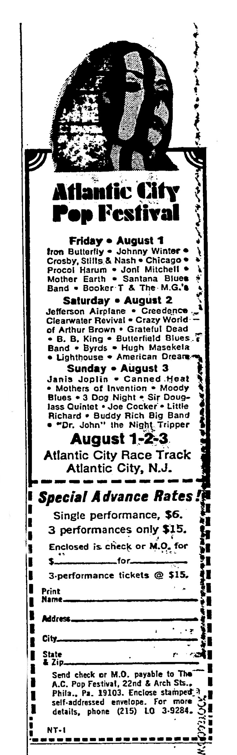 Photo of A Newspaper AD announcing the 1969 Atlantic City Pop Festival 