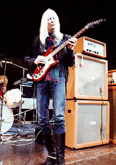 Photo of Johnny Winter playing Epiphone Wilshire Guitar using Orange Stacked Amplifier 