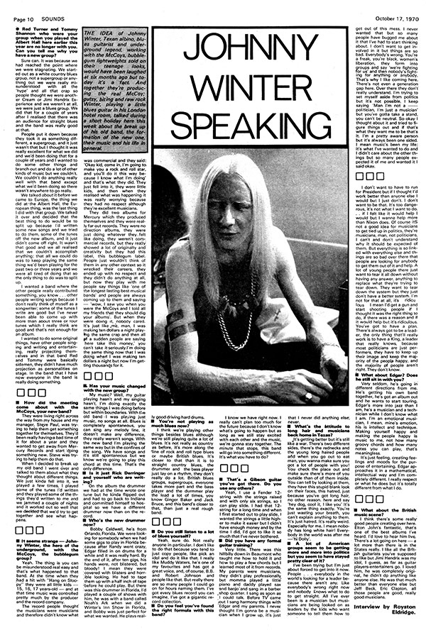 Photo of Johnny Winter Speaking Sounds Magazine October 1970  