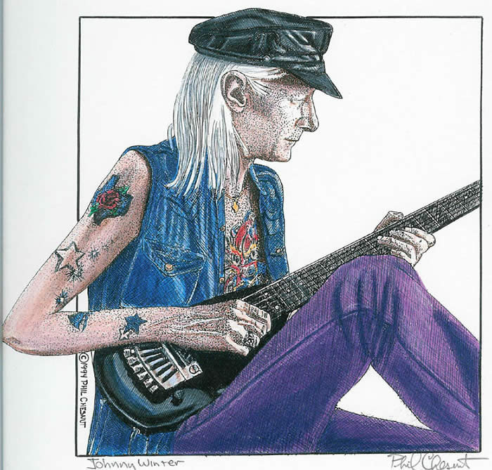 Detailed color illustration of musician Johnny Winter in profile, seated with legs bent, playing an electric guitar. He wears a black leather cap, sleeveless denim vest revealing multiple tattoos, and vibrant purple trousers. His long white hair flows past his shoulders, and his concentrated expression suggests deep musical focus. Fine pen and ink shading highlights textures, from the denim weave to the guitar strings.