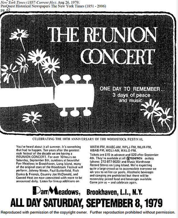 Newspaper Ad/Announcement for Woodstock 10 Year Celebration Festival 