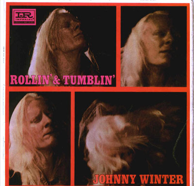 Album cover for Johnny Winter's 'Rollin' & Tumblin'' EP, featuring a collage of three close-up performance photos with red borders, bold title text, and an Imperial Records logo