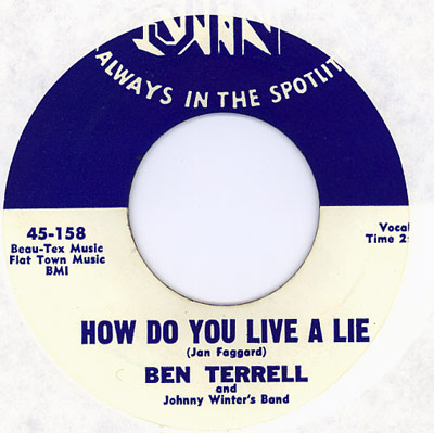 Record label for Ben Terrell and Johnny Winter's Band song titled 'How Do You Live a Lie,' with songwriting credit to Jan Faggard, produced by JIN Records.