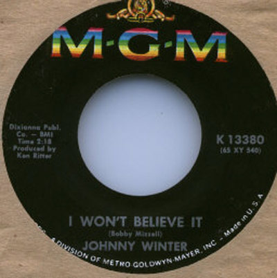 MGM record label for Johnny Winter's I Won't Believe It, catalog number K13380, produced by Ken Ritter, circa 1960s.