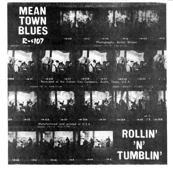 back cover of r-s107 johnny winter mean town blues rollin n tumblin sonobeat records with filmstrip images from a live performance at the vulcan gas company austin texas photography by burton wilson